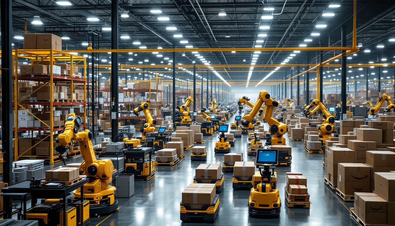 A photograph of a bustling amazon fulfillment center showcasing advanced robotics in action