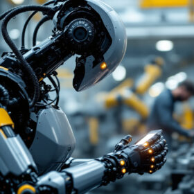 A photograph of a sleek industrial robot in action