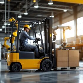 A photograph of a modern warehouse setting featuring a sleek industrial forklift in action