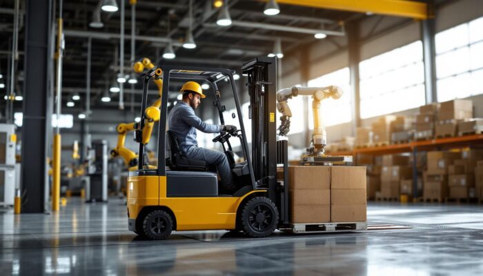 A photograph of a modern warehouse setting featuring a sleek industrial forklift in action