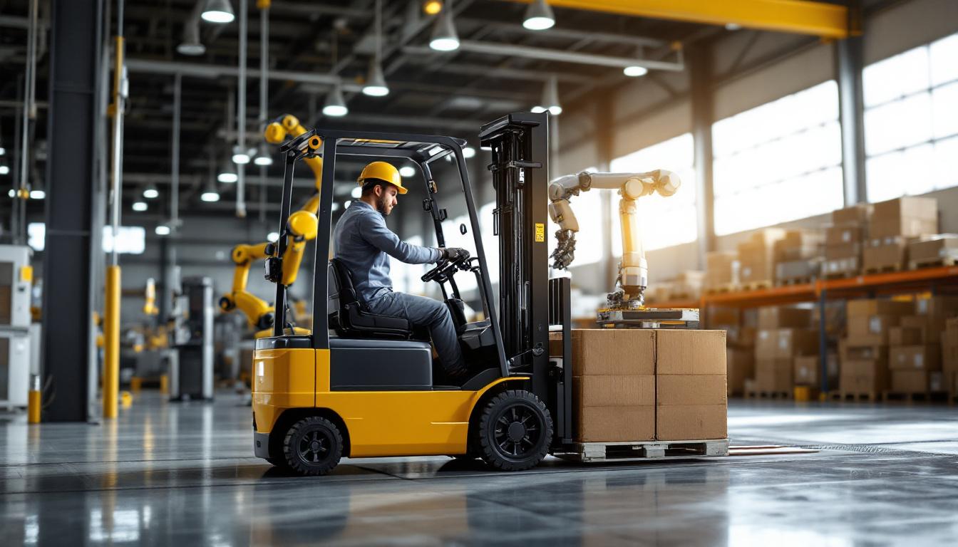 A photograph of a modern warehouse setting featuring a sleek industrial forklift in action