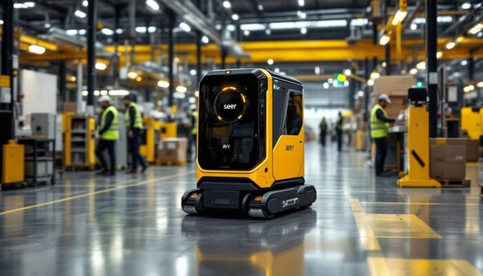 A photograph of a seer agv in action within an industrial setting
