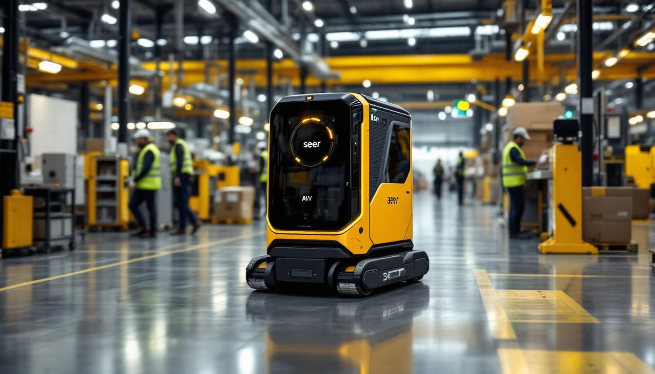 A photograph of a seer agv in action within an industrial setting
