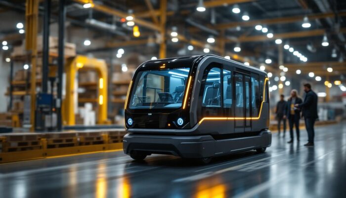 A photograph of a sleek and modern automated guided vehicle (agv) navigating through an industrial warehouse environment
