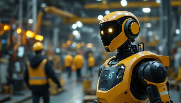 A photograph of a k5 security robot patrolling an industrial environment