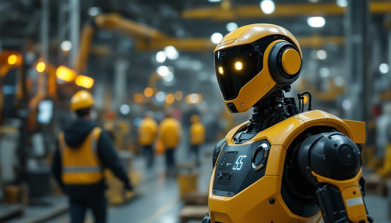 A photograph of a k5 security robot patrolling an industrial environment