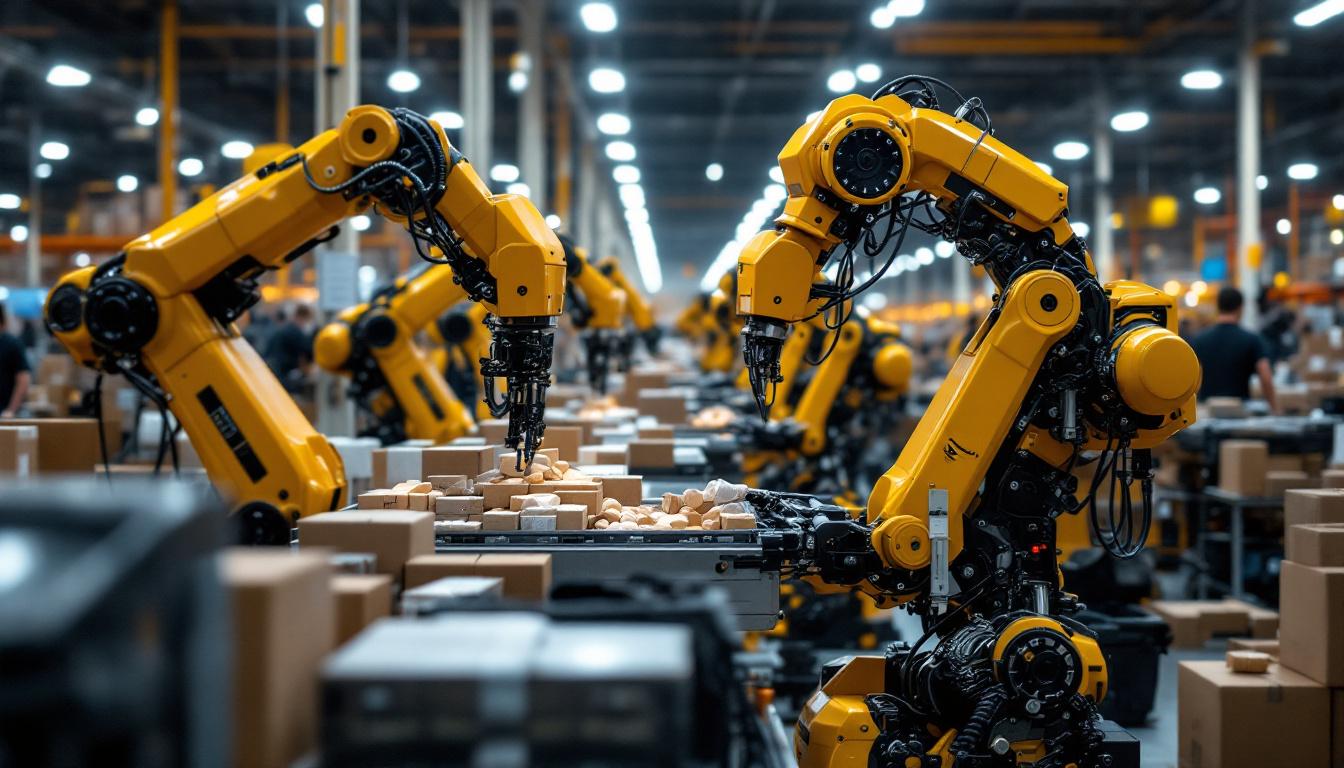 A photograph of capture a photograph of a bustling amazon robotics fulfillment center