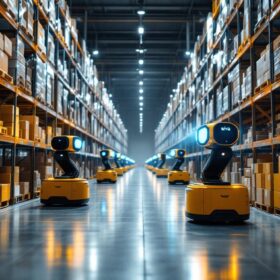 A photograph of a bustling amazon warehouse showcasing kiva robots in action