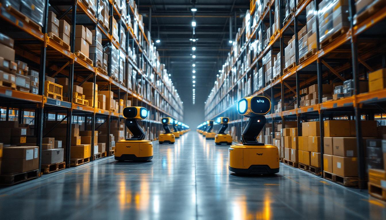 A photograph of a bustling amazon warehouse showcasing kiva robots in action
