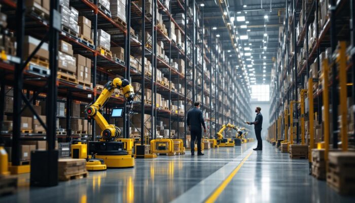 A photograph of a dynamic warehouse environment featuring industrial robots in action