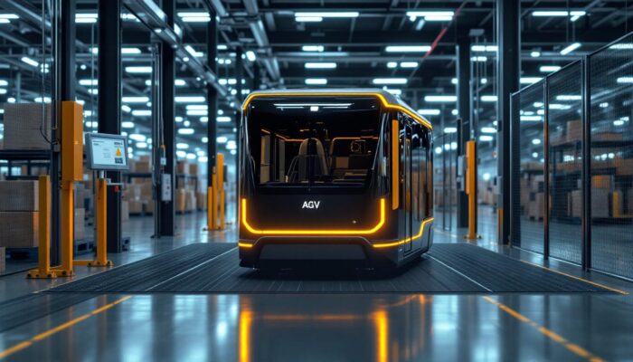 A photograph of a sleek automated guided vehicle (agv) navigating through a modern industrial facility