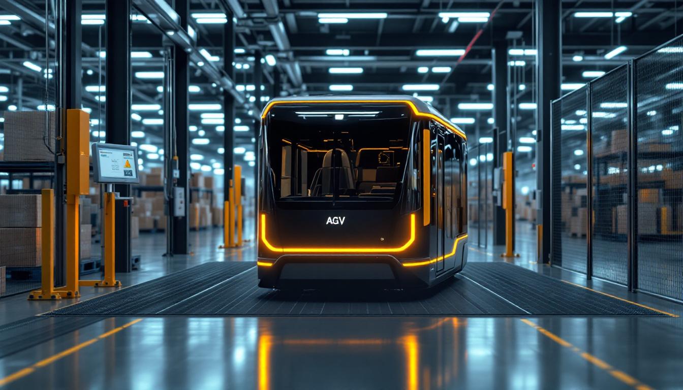 A photograph of a sleek automated guided vehicle (agv) navigating through a modern industrial facility