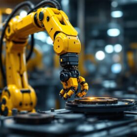 A photograph of a modern industrial robotic arm in action within a manufacturing environment