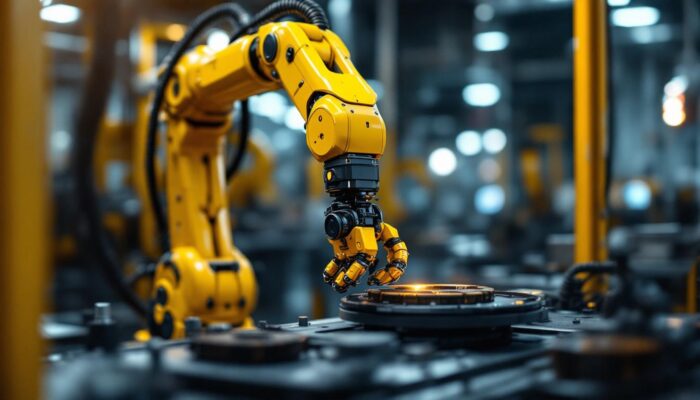 A photograph of a modern industrial robotic arm in action within a manufacturing environment