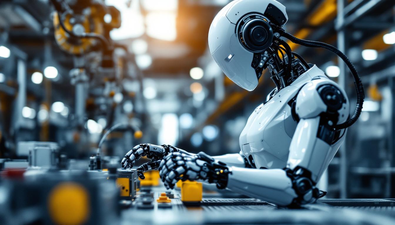 A photograph of a sleek industrial robot in action on a factory floor