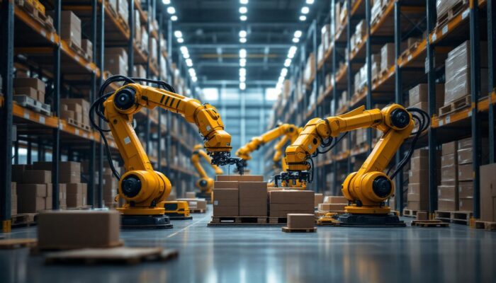 A photograph of a modern warehouse environment showcasing industrial robots in action