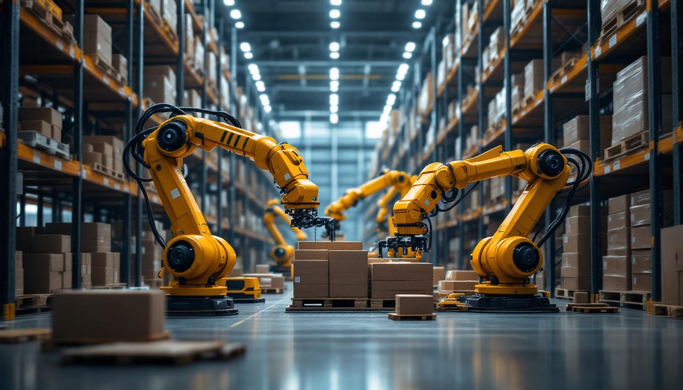 A photograph of a modern warehouse environment showcasing industrial robots in action