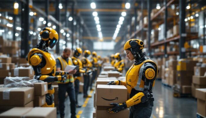 A photograph of a busy amazon warehouse floor showcasing a variety of industrial robots in action