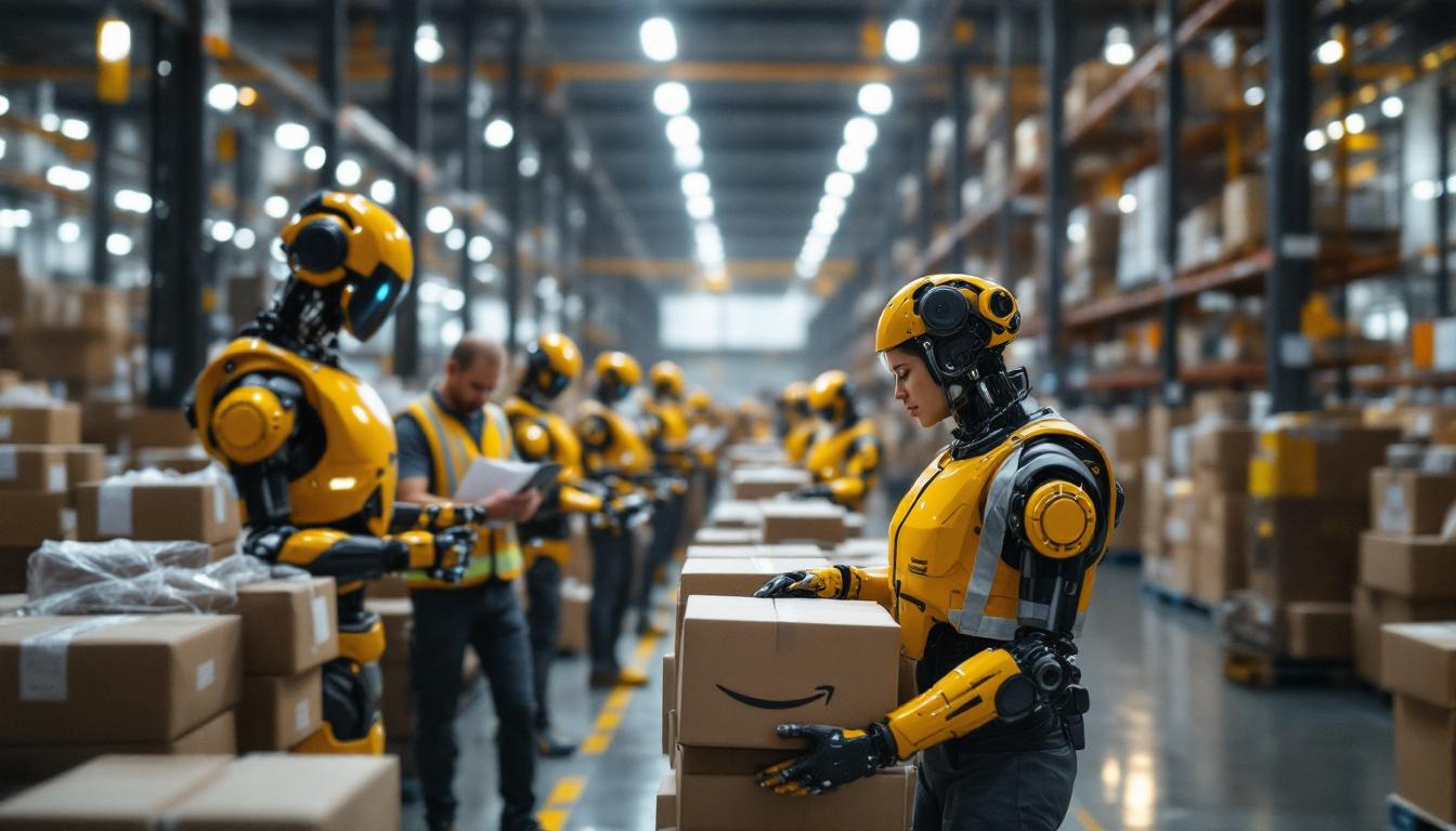 A photograph of a busy amazon warehouse floor showcasing a variety of industrial robots in action
