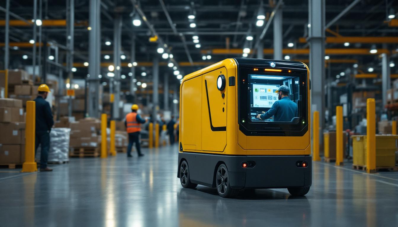 A photograph of capture a photograph of a modern automated guided vehicle (agv) navigating through a busy industrial warehouse
