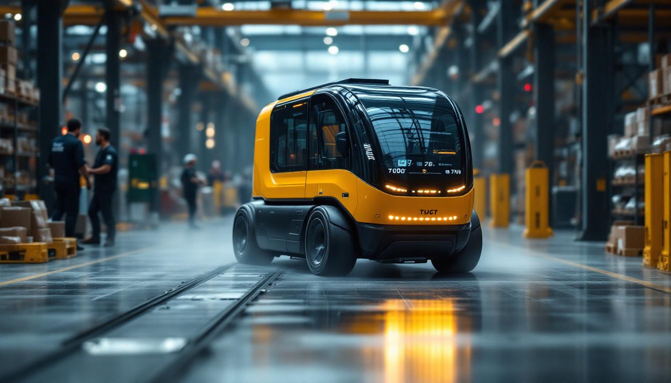A photograph of a sleek industrial tug vehicle in action