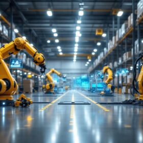 A photograph of a modern warehouse environment featuring industrial robots in action