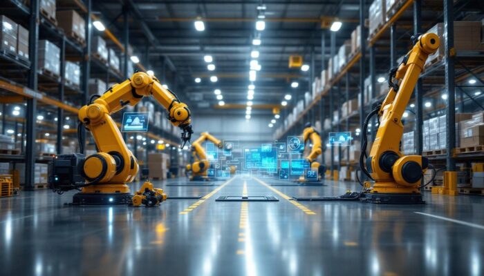 A photograph of a modern warehouse environment featuring industrial robots in action