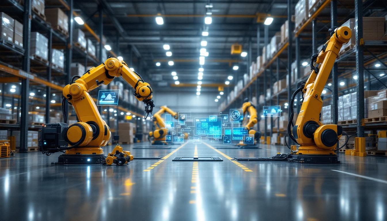 A photograph of a modern warehouse environment featuring industrial robots in action
