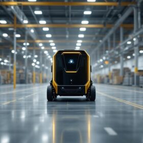A photograph of a modern industrial setting featuring an agv (automated guided vehicle) equipped with lidar technology