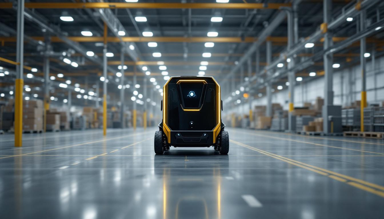 A photograph of a modern industrial setting featuring an agv (automated guided vehicle) equipped with lidar technology