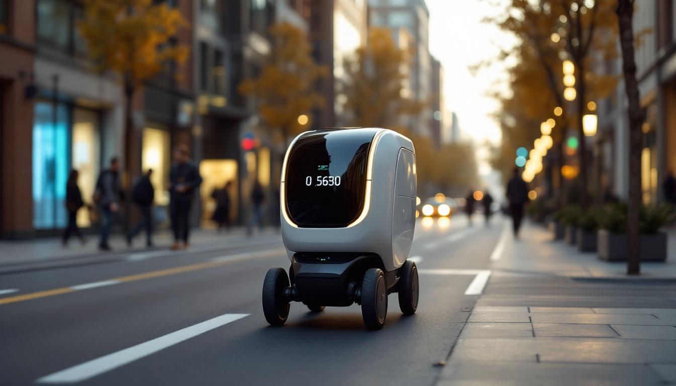 A photograph of a sleek delivery robot navigating an urban environment