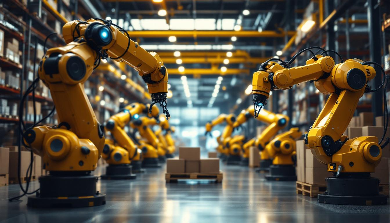 A photograph of a modern warehouse environment showcasing various industrial robots in action