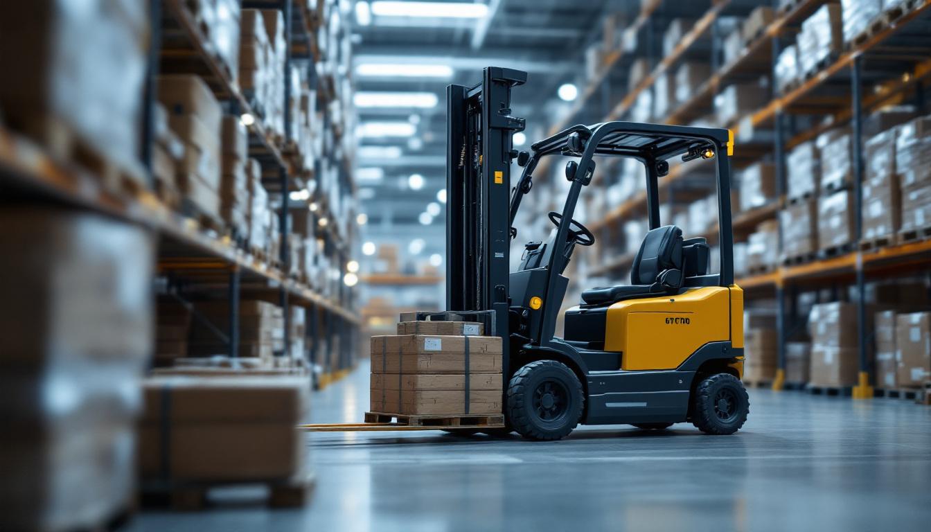 A photograph of a modern industrial setting featuring a robotic forklift in action