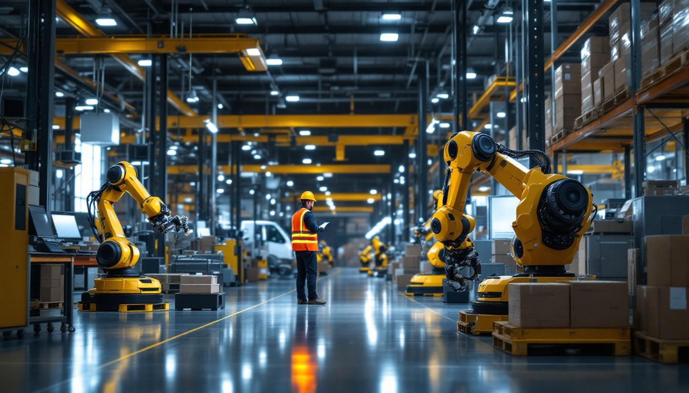 A photograph of a modern warehouse setting showcasing various industrial robots in action