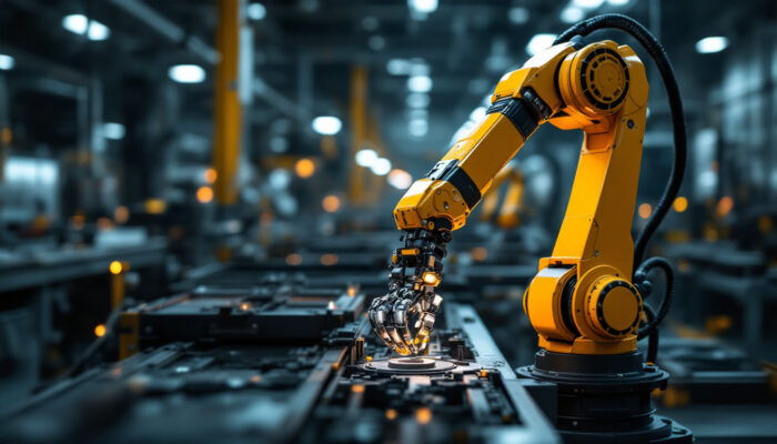 A photograph of a sleek industrial robotic arm in action