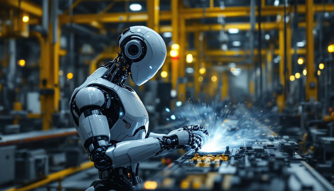 A photograph of a sleek industrial robot in action within a manufacturing setting