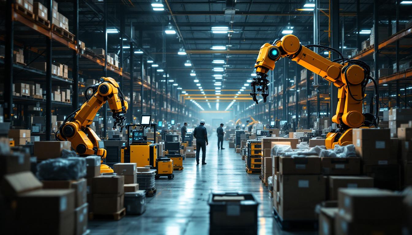 A photograph of a bustling warehouse environment showcasing various industrial robots in action