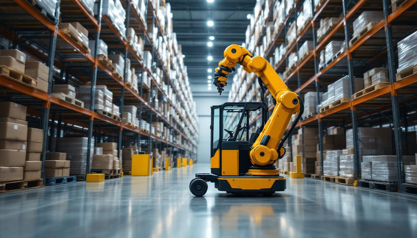 A photograph of a very narrow aisle truck in action within a modern warehouse setting