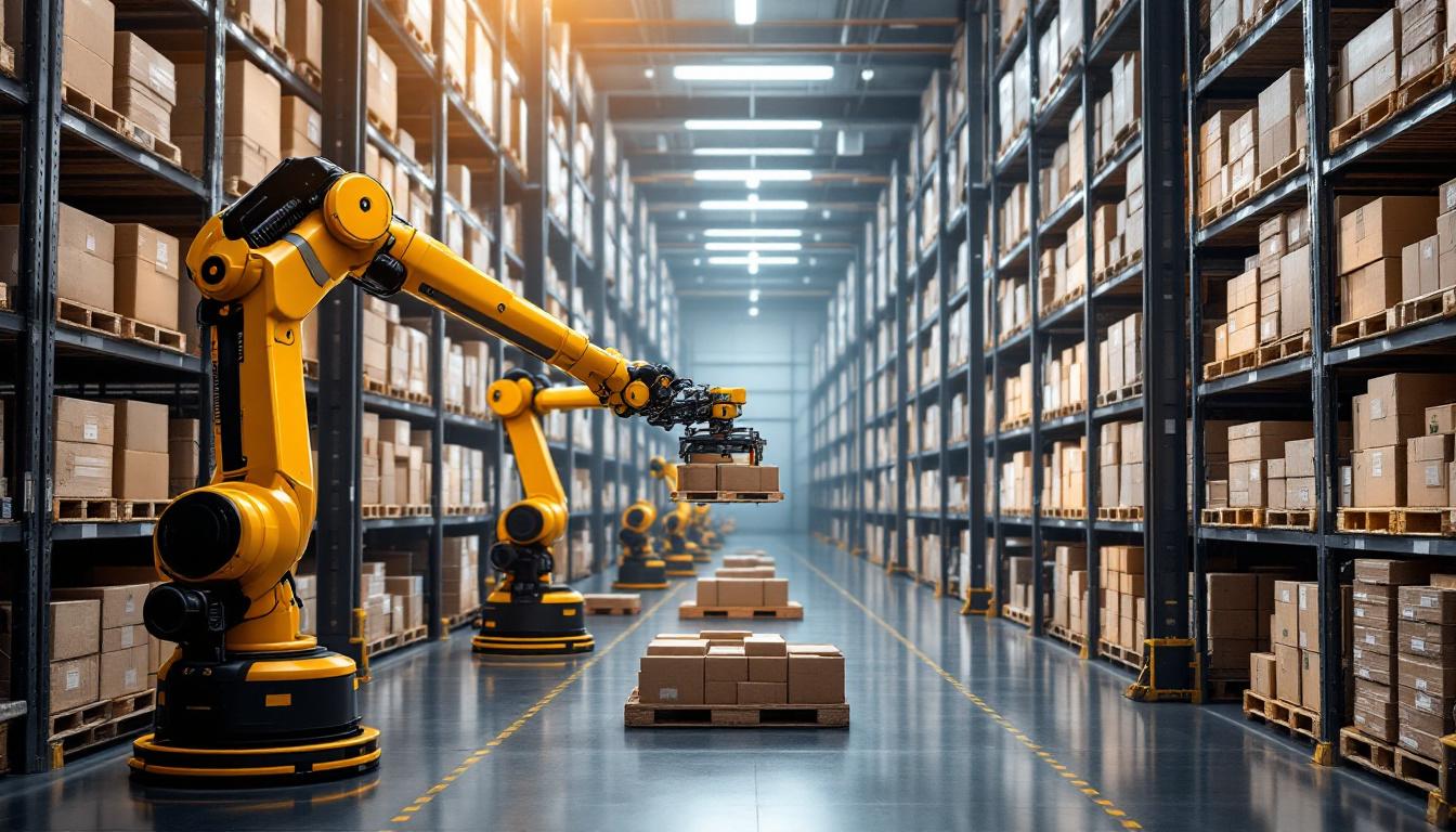 A photograph of a modern automated warehouse scene featuring industrial robots in action