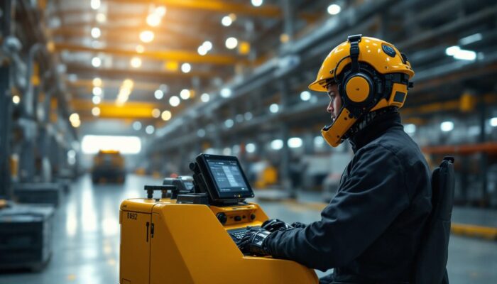 A photograph of a skilled operator driving a tugger in an industrial setting