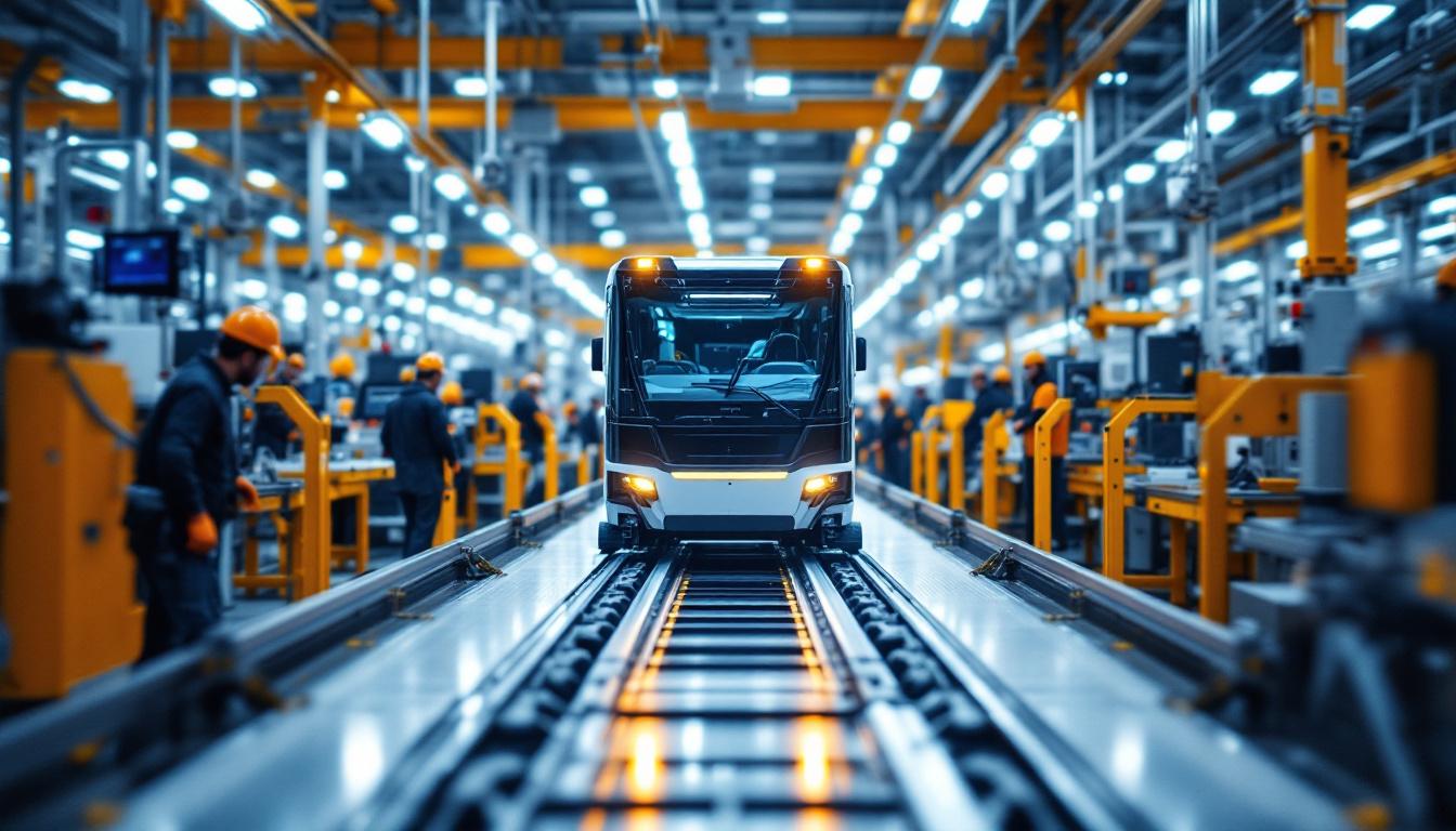 A photograph of a modern automotive manufacturing facility showcasing an automated guided vehicle (agv) in action