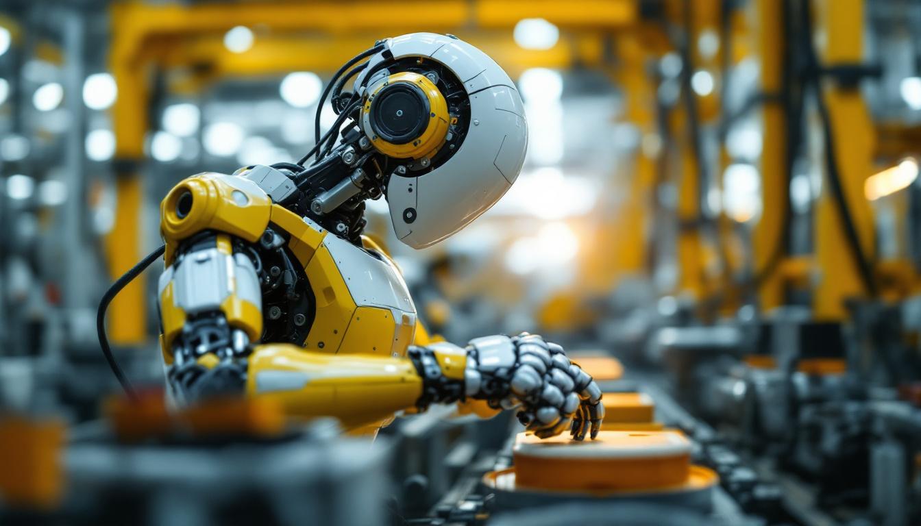 A photograph of a modern industrial robot in action on a factory floor
