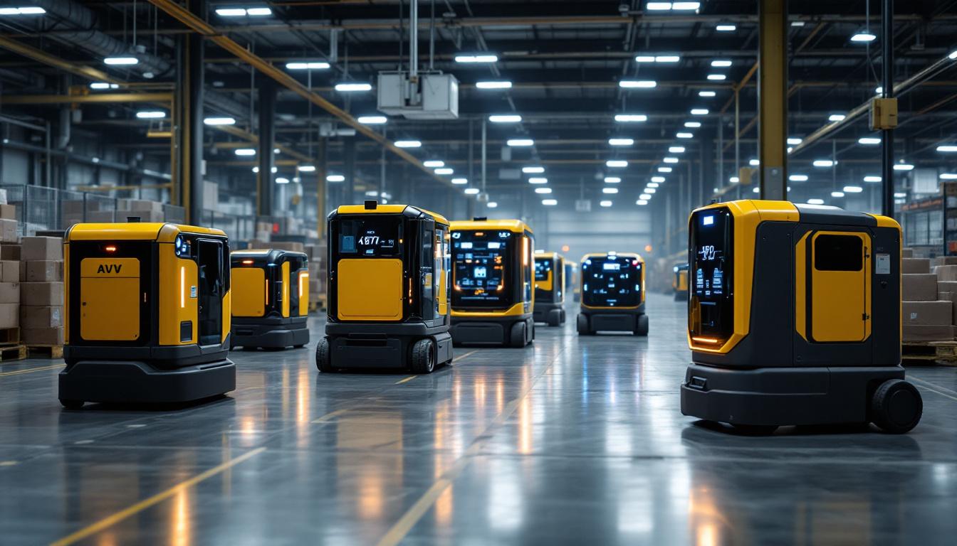 A photograph of a variety of agv (automated guided vehicle) types in an industrial setting
