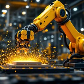 A photograph of a sleek industrial robotic arm in action