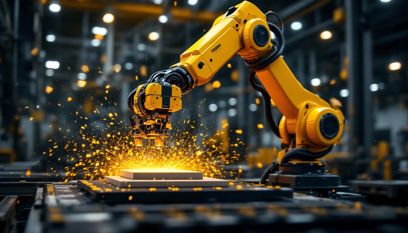 A photograph of a sleek industrial robotic arm in action