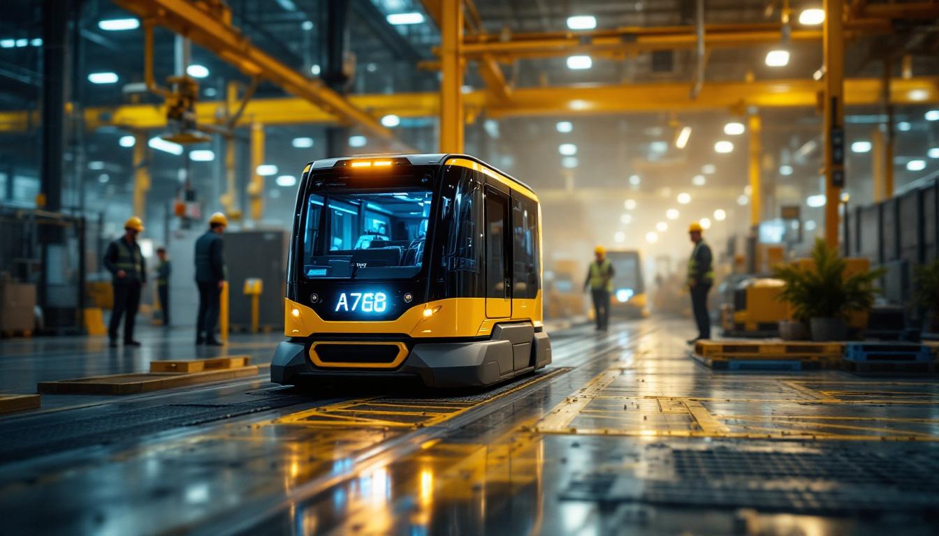A photograph of capture a photograph of an agv (automatic guided vehicle) in action within an industrial setting