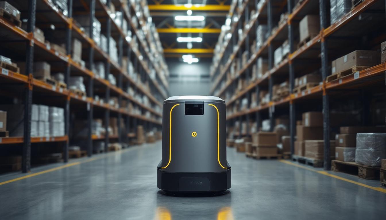 A photograph of capture a photograph of a kiva systems robot in action within a warehouse setting