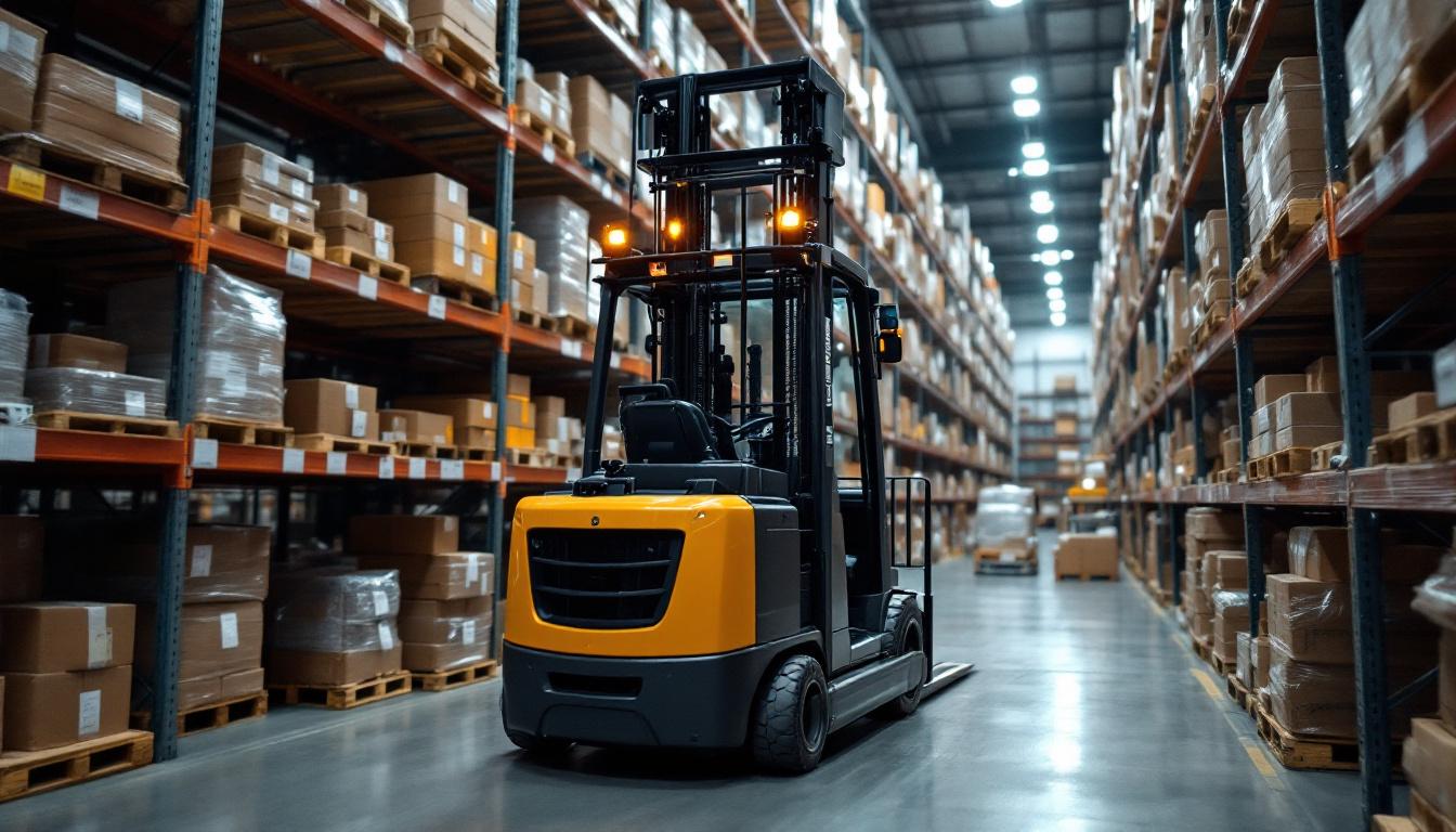 A photograph of a narrow aisle forklift truck in action within a warehouse setting