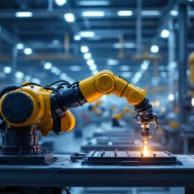 A photograph of a sleek industrial robotic arm in action within a modern manufacturing facility