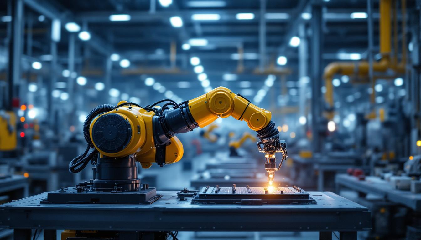 A photograph of a sleek industrial robotic arm in action within a modern manufacturing facility